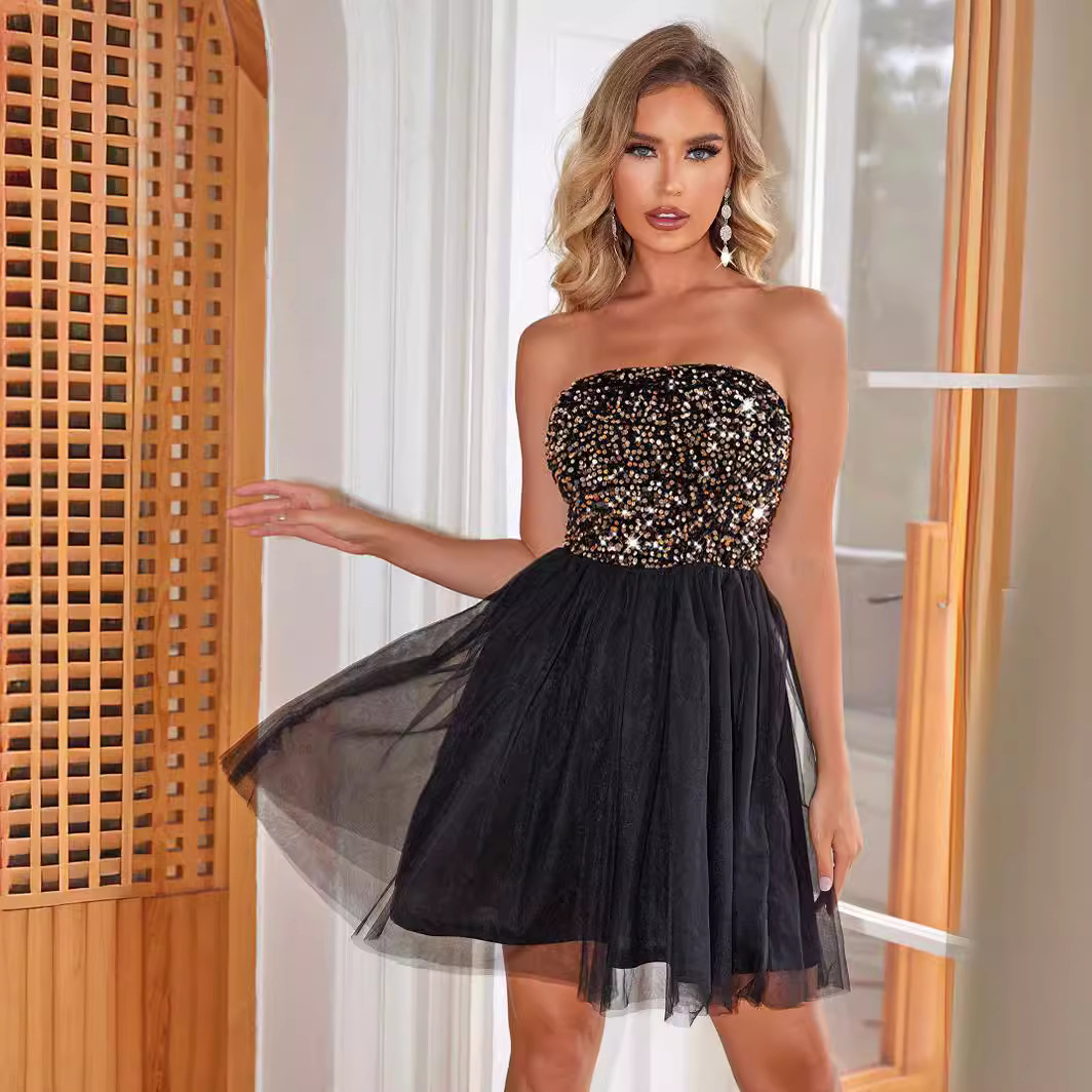 European and American cross-border sexy tube top sequined dress black fluffy A- line dress ball evening dress for women