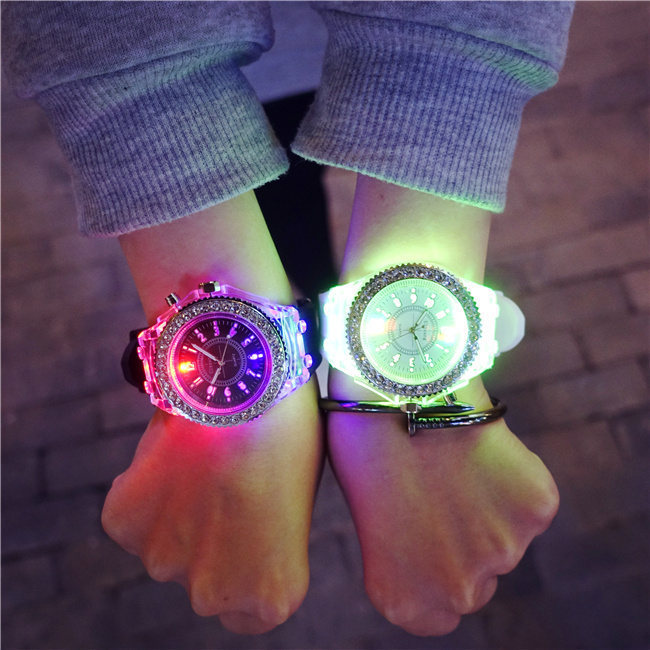 Luminous luminous personality rhinestone led Harajuku Korean fashion trend men and women students couple jelly quartz watch_voghion.com