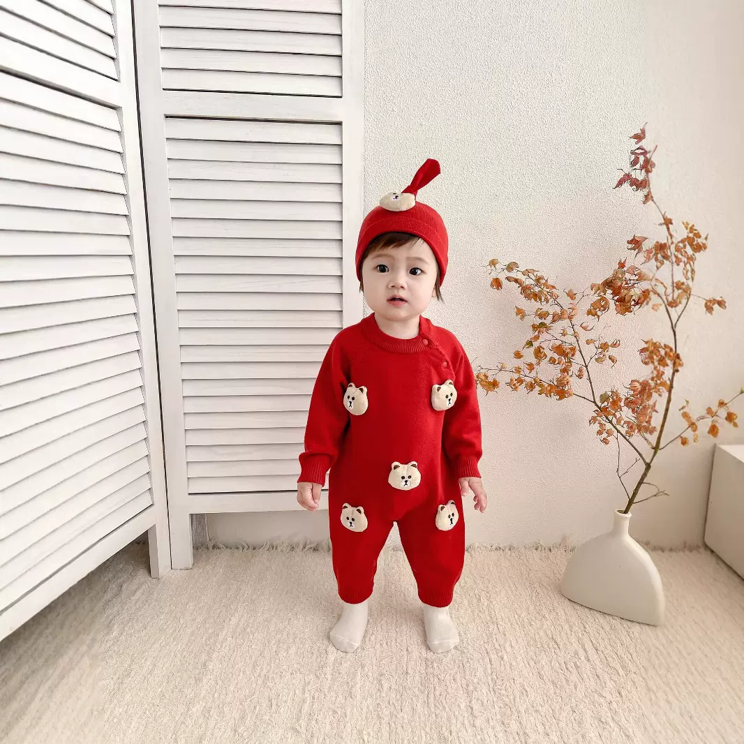可爱组合小熊0-36个月秋初生婴儿款胎帽新生儿男女宝连体爬服毛衣