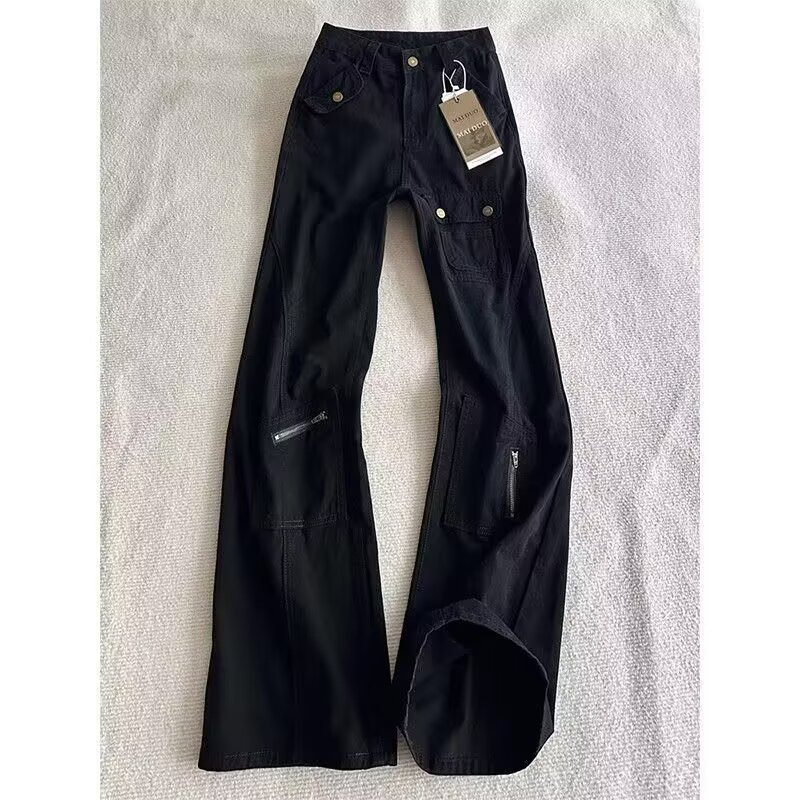 Black Straight-Leg Flared Jeans for Men, Spring and Autumn American High Street Vibe Pants, Slim Fit, Washed, Curved Hem Pants