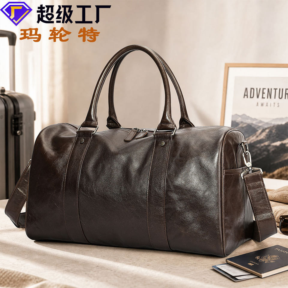 Túi du lịch nam da bò thật Marunte dung tích lớn 47×24×25 cm, dây đeo vai điều chỉnh, cầm tay và đeo chéo — 4801 nâu, Màu cà phê, Màu xám đen