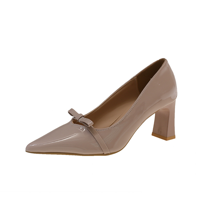 Pointed Toe Shallow Bow 2026 Spring And Autumn New Thick Heel Single Shoes Women's Cross-Border Plus Size French High_vogvips.com