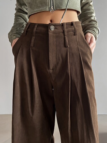 Retro brown corduroy wide-leg pants cross-border women's high-waist pleated pants draping and slimming Amazon spring and summer