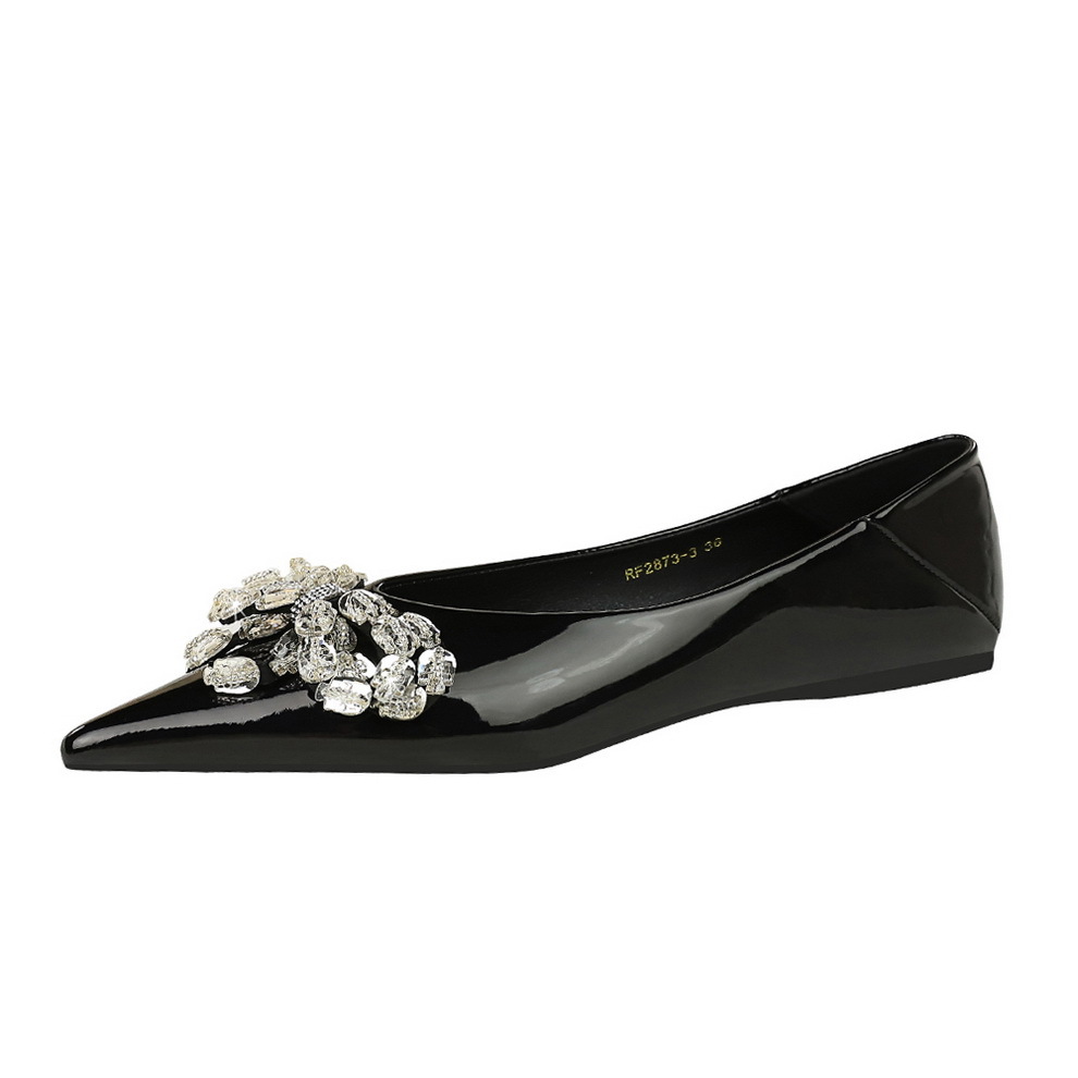2873-H19 Korean version fashionable and elegant flat heeled women's shoes, patent leather shallow mouth pointed rhinestone bow flat sole shoes