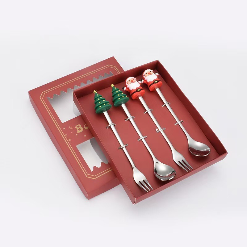 Cucharas de acero inoxidable transfronterizas muñecas de Papá Noel cubiertos cajas de regalo caseras de café mezclador cucharas de postre horquilla de frutas