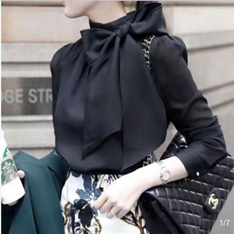 Camicia in chiffon con fiocco maniche lunghe elegante donna_voghion.com