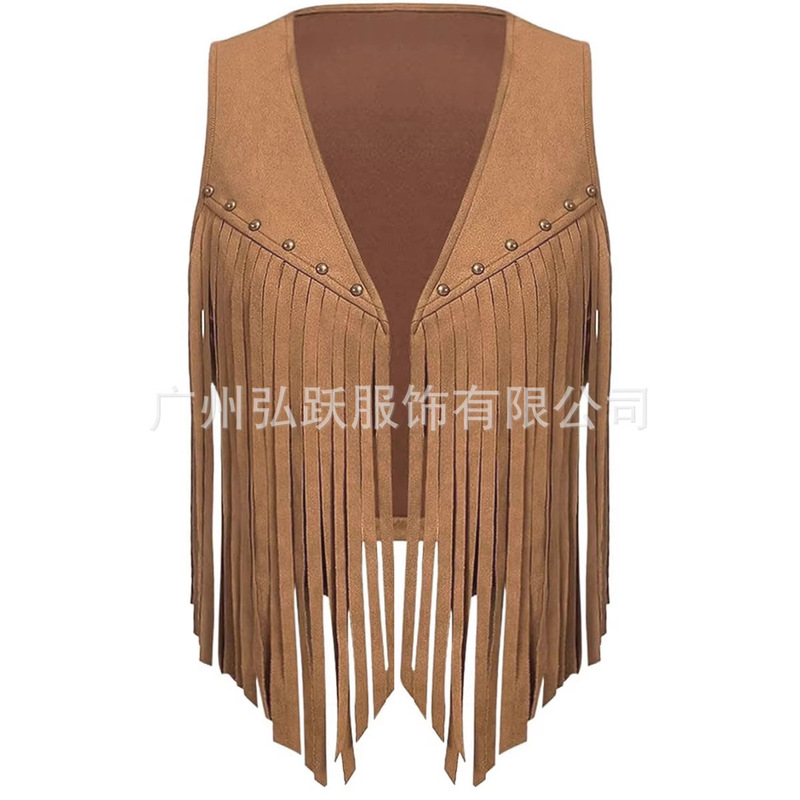 Cross-Border European and American Style Tassel Vest Crop Jacket 70S Hippie Faux Suede Tassel Cardigan