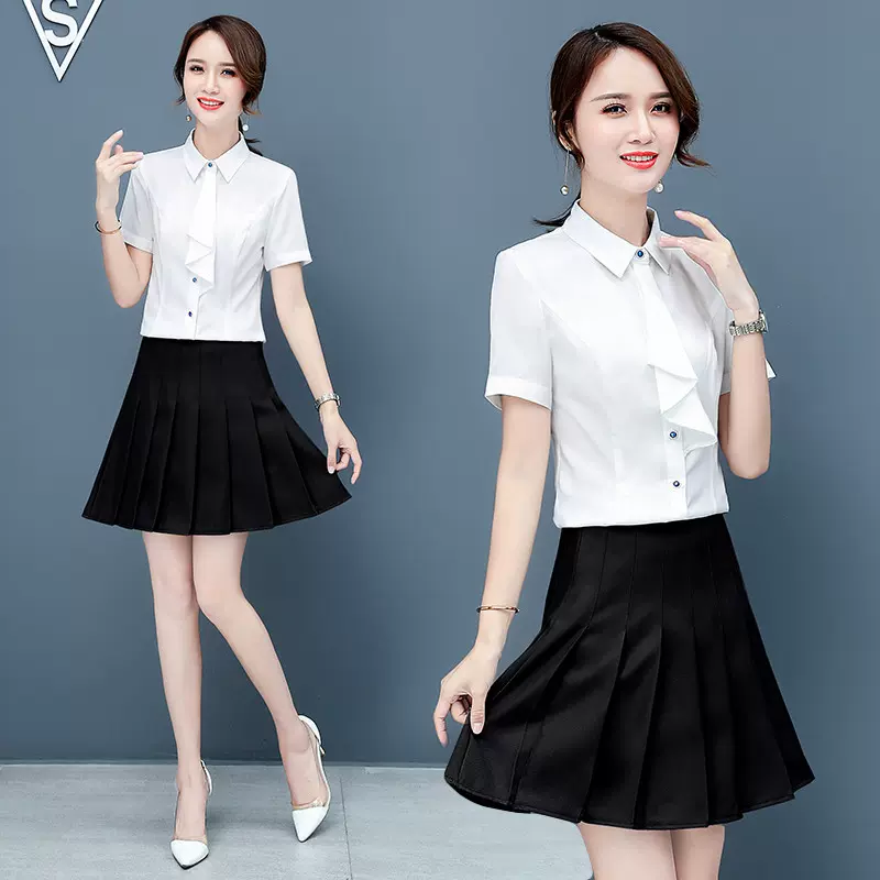 夏纯色韩版立领气质通勤短袖衬衫百褶裙套装衬衫女孩通勤棉两件套