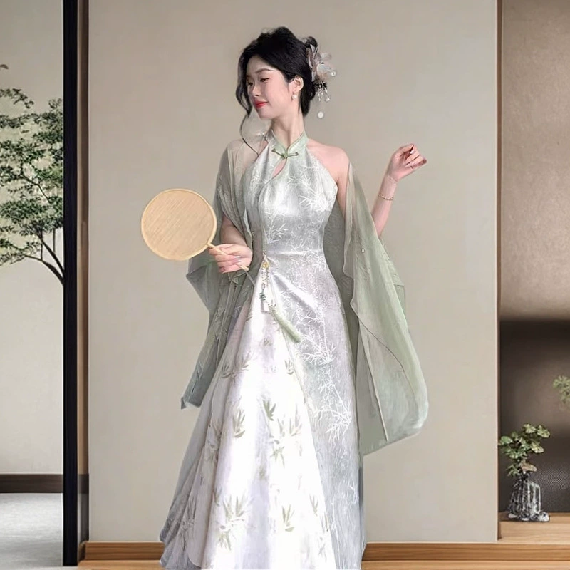 Шэньян Wuaizuo Manqing Snake Haoyue, жаккардовое платье Cheongsam в китайском стиле с воротником-стойкой + кардиган, комплект из двух предметов