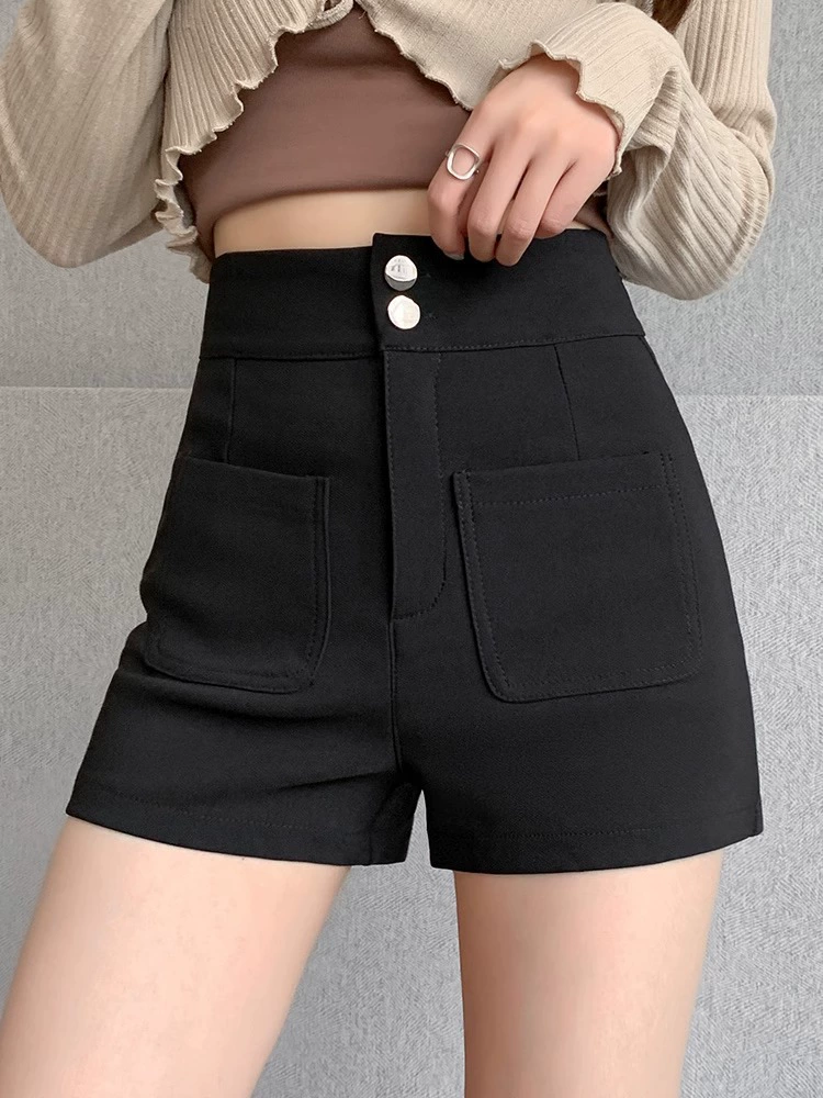 Черные шорты, весенние брюки, сапоги, высокий пояс, slim fit, тренд сезона, для подростков, силуэт А