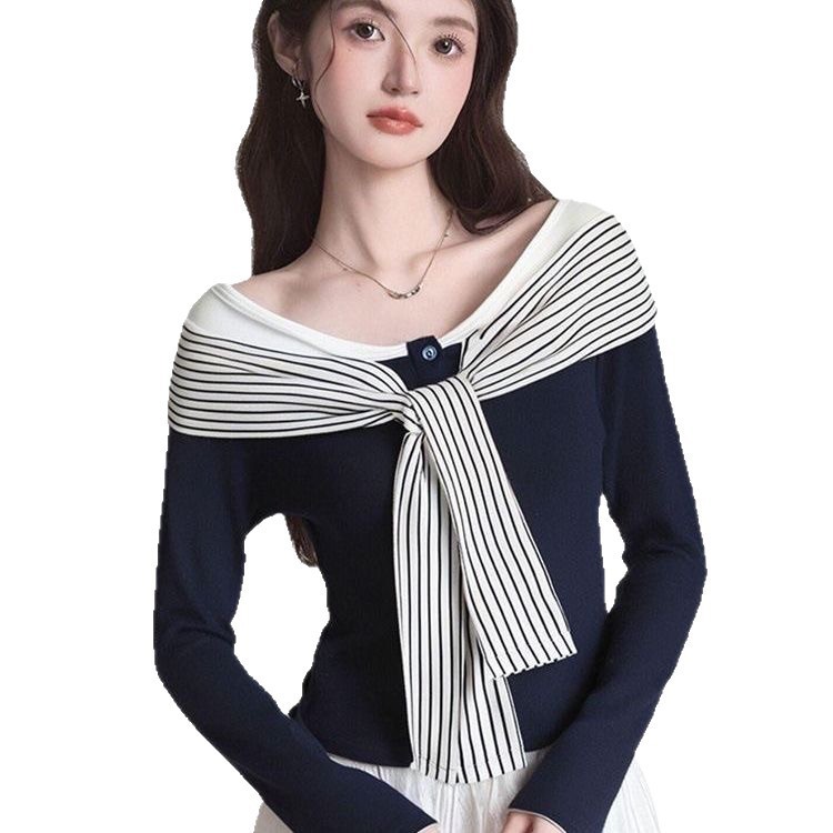 藏蓝色拼接条纹绑带长袖T恤女2025早秋新款时尚显瘦修身上衣打底|undefined