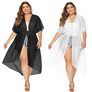 Plus Size Women's Thin Chiffon Shirt with Waist Tie, Loose Irregular Cardigan, Beach Sun Protection Cover-Up Blouse for Women