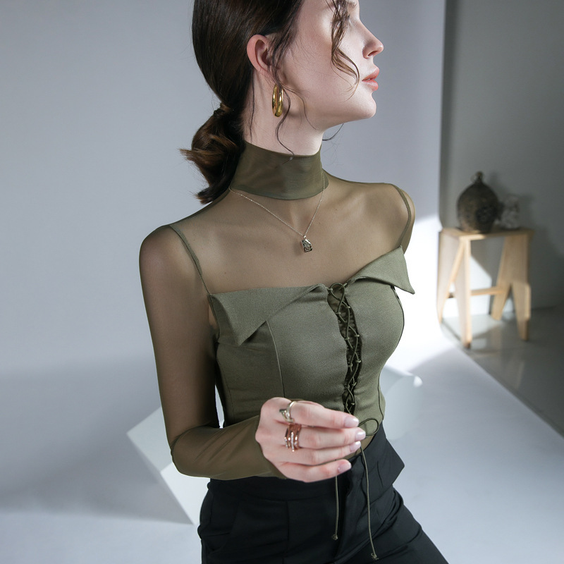 Design Sense Mesh Stitching Top Autumn and Winter New Inner Base Shirt Micro-transparent Western European Goods Long Sleeve Design Sense Mesh Stitching Top Autumn and Winter New Inner Base Shirt Micro-transparent Western European Goods Long Sleeve