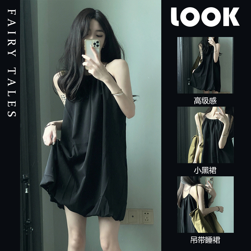 Verano nuevo vestido de dormir de cabina, vestido negro de alta calidad, vestido casero casual simple comercio exterior al por mayor