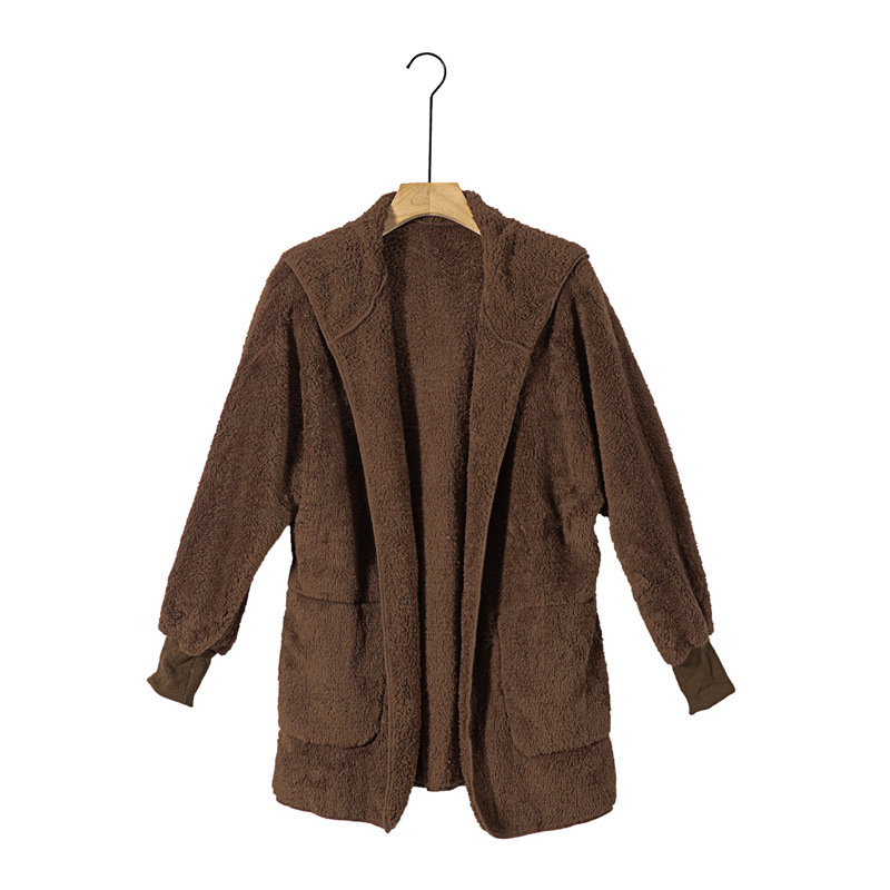 時(shí)穎歐美毛衣女冬季新款連帽長(zhǎng)袖保暖毛絨開衫跨境大碼毛呢外套女