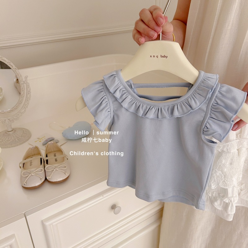 [Xian Ning Qi] 女の子用キャミソール夏子供用甘い蓮の葉襟ノースリーブTシャツ女の子用ファッショナブルな半袖|undefined