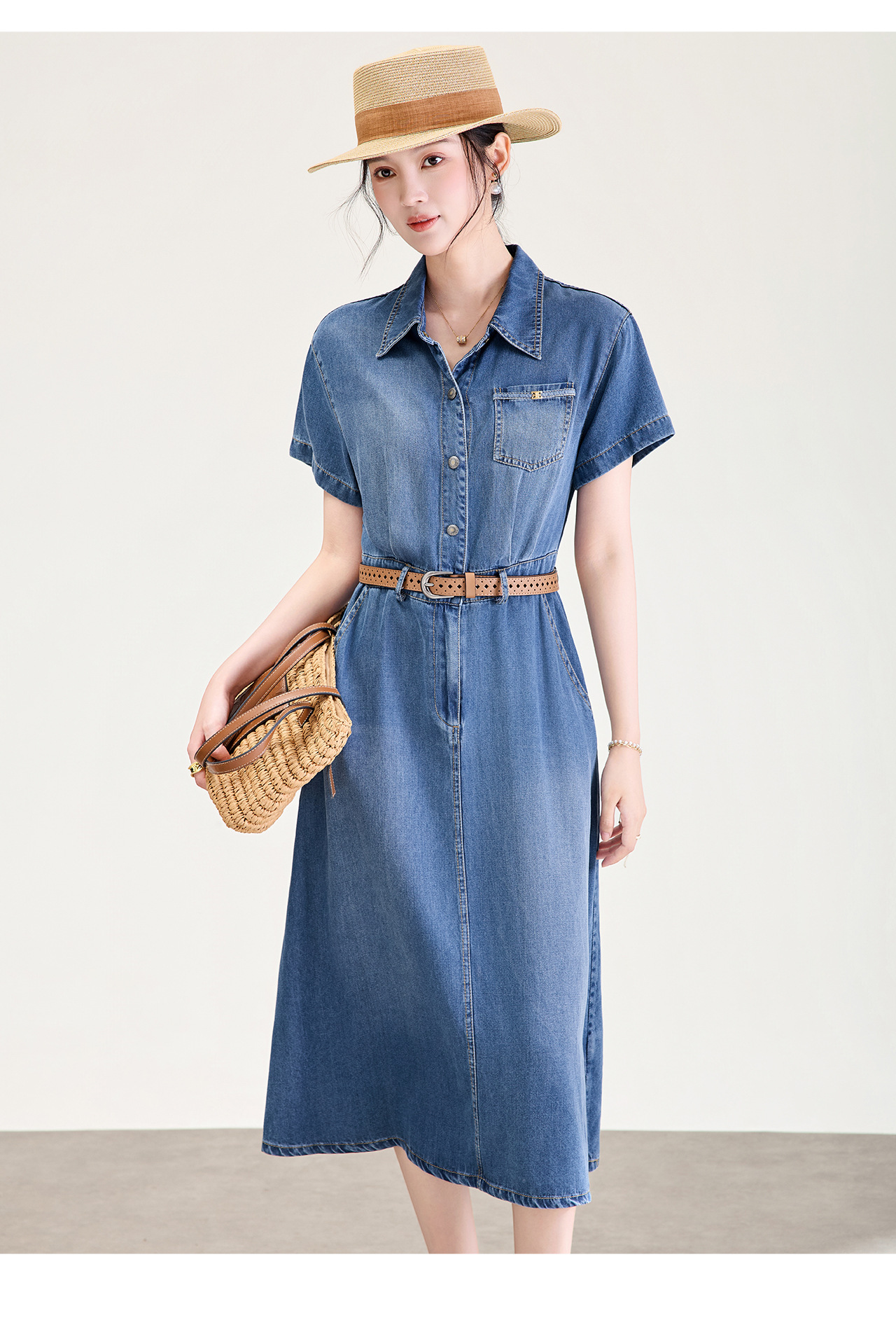 Váy denim nữ cạp cao dáng chữ A tay ngắn mùa hè — Cao bồi xanh chi tiết 14