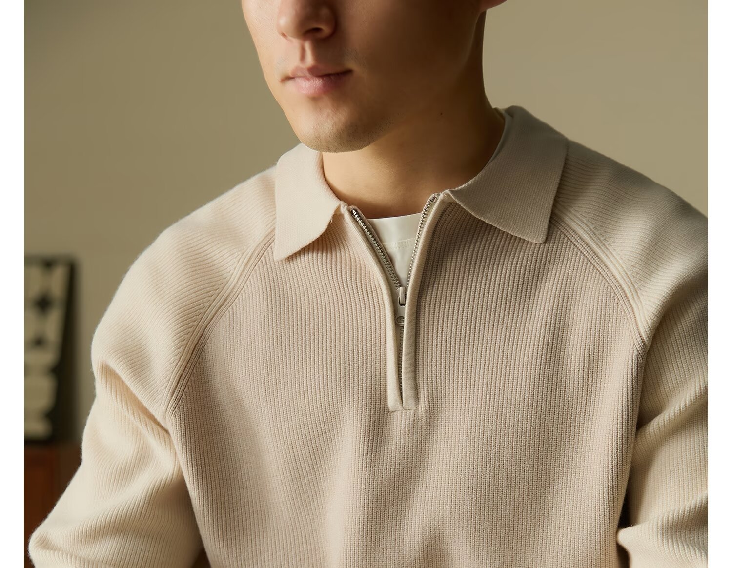 Maglione da uomo con collo a polo e mezza zip, vestibilità slim, maniche raglan, stile casual invernale, con bordi a contrasto_voghion.com