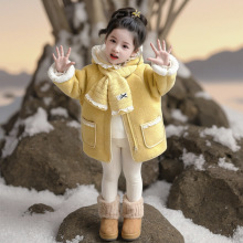 韩版网红女童花边呢子加绒外套2025新款冬款洋气大衣代发年服童装