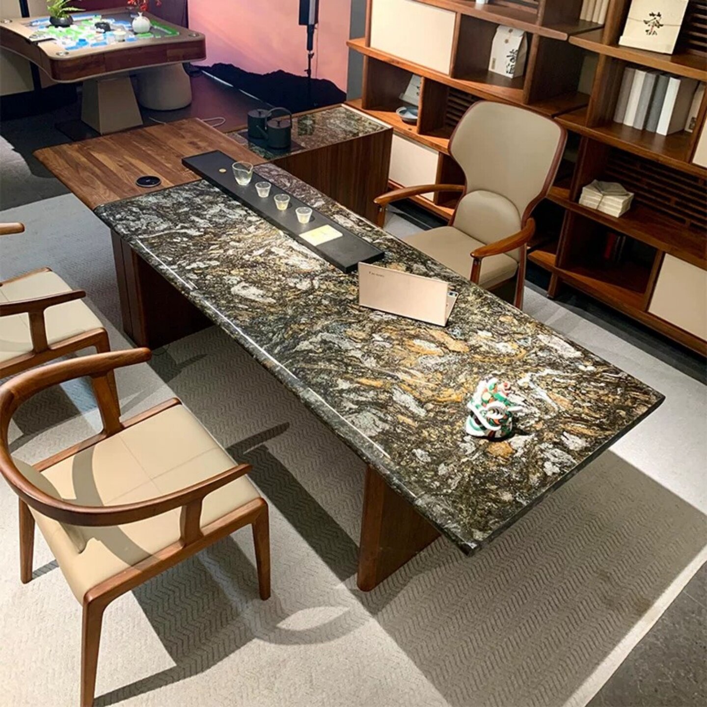 Modern light luxury solid wood tea table and chair set for high-end villa living room, home tea table with luxurious stone tea brewing table in black walnut wood