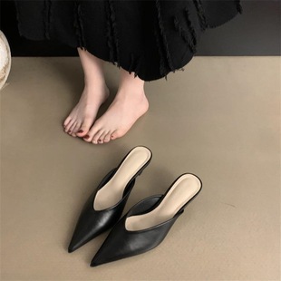 4.5cm silver Baotou Half Slippers Women's 2024 New Thin Heel Pointed Slippers Color Summer Golden Mueller Shoes