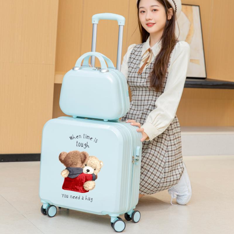 Lindo equipaje para niños de las mujeres de dibujos animados ligero trolley caso niño y madre embarque universal rueda 18 pulgadas maleta contraseña