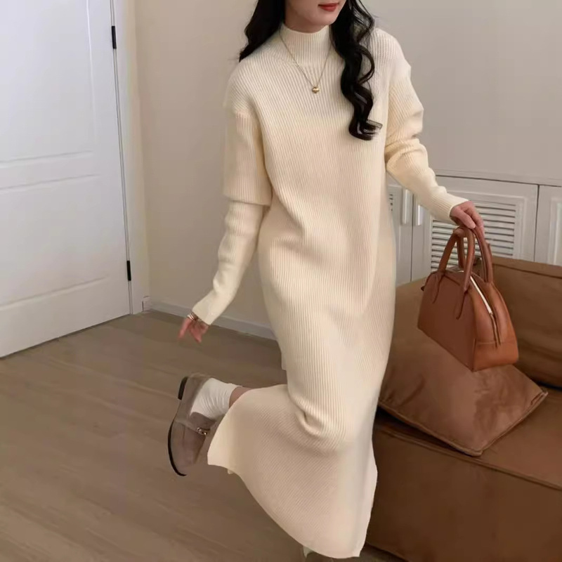 Half turtleneck bottoming knitted dress women's loose autumn and winter with overcoat thickened underknee long sweater dress for women