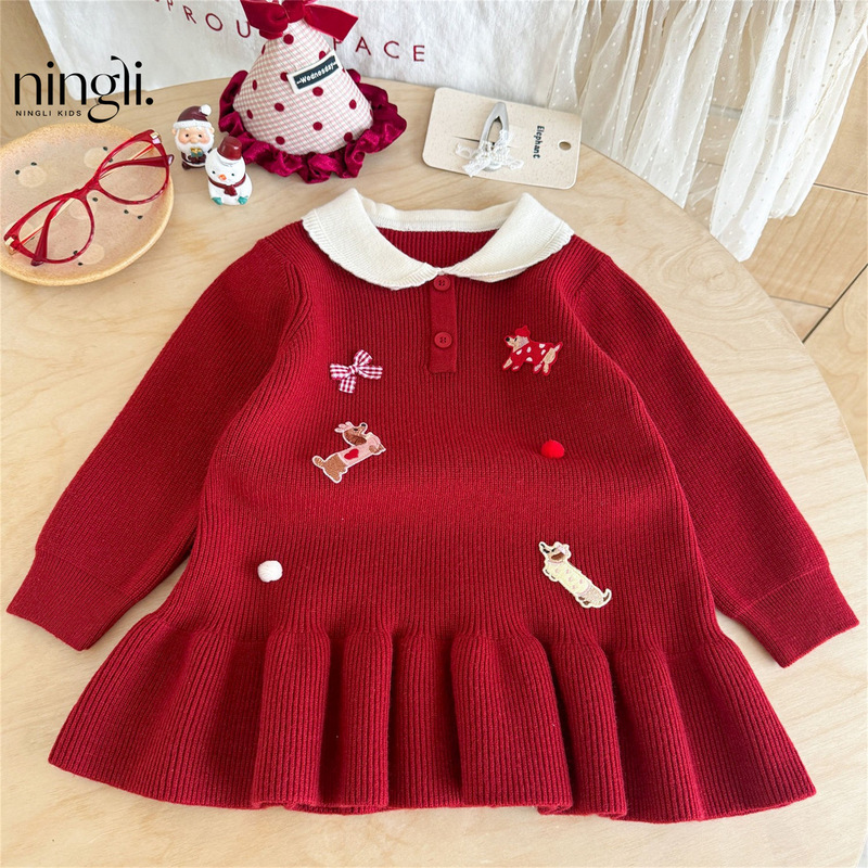 Girls' Christmas Dress for Autumn and Winter, Children's Knitted Princess Dress, One-Year-Old Baby's First Birthday Party Winter Outfit
