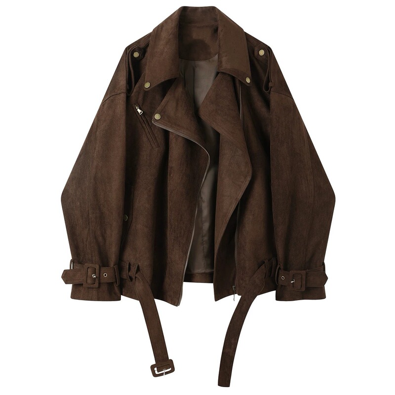 Vintage Maillard suede fleece-lined short brown leather jacket for women, autumn and winter turn-down collar biker flight leather jacket Vintage Maillard suede fleece-lined short brown leather jacket for women, autumn and winter turn-down collar biker flight leather jacket