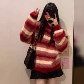 仿貂长毛 秋冬季小个子穿搭学院慵懒风条纹毛衣纯欲甜辣女针织衫