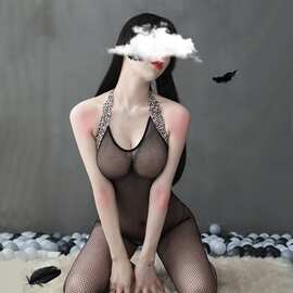 欧美性感挂脖大露背情趣内衣渔网透视开裆免脱豹纹提花诱惑连体衣