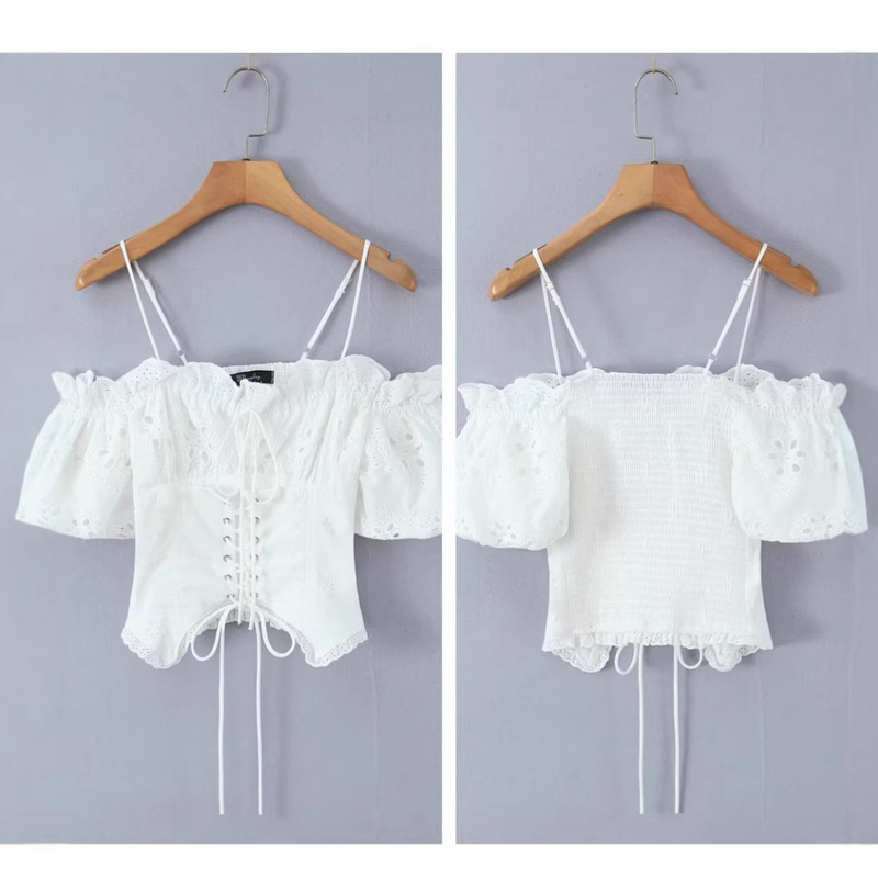New Women's French Retro Sweet Hollow-Out Embroidered Off-Shoulder Lantern Sleeve Waist-Cinching White Camisole Top Trendy New Women's French Retro Sweet Hollow-Out Embroidered Off-Shoulder Lantern Sleeve Waist-Cinching White Camisole Top Trendy