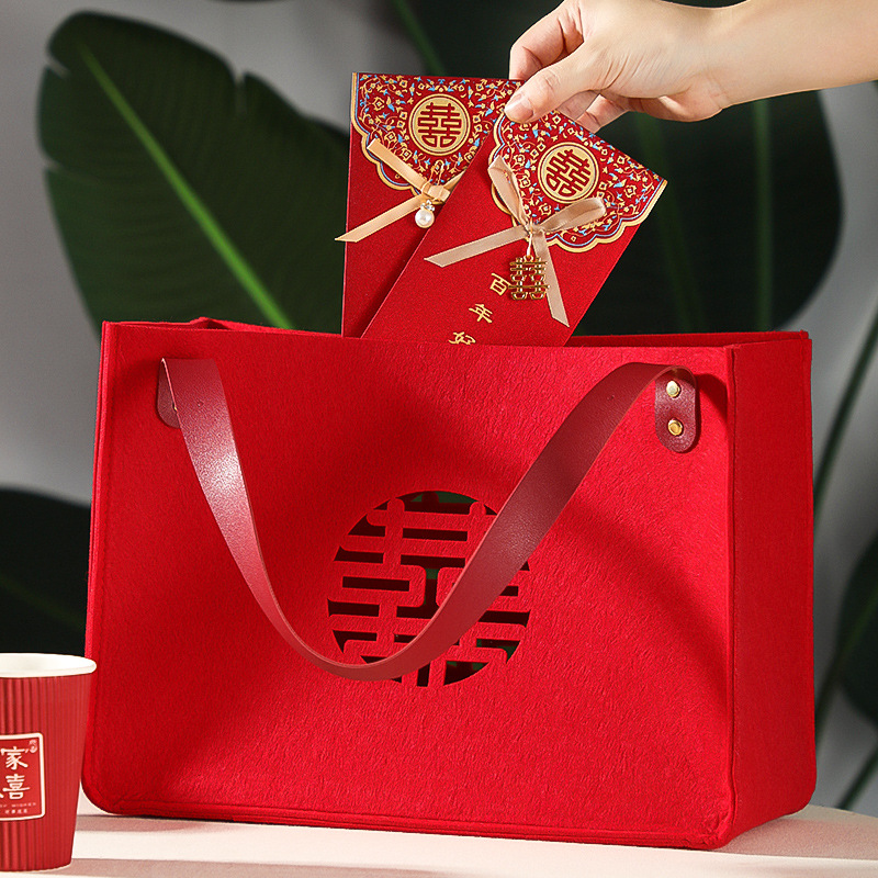 結婚用品高檔手提袋毛氈袋婚禮婚慶專用伴手禮回禮大號喜糖禮品袋