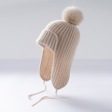 韩系儿童时尚大毛球纯色针织护耳帽秋冬季男女宝宝保暖毛线空军帽