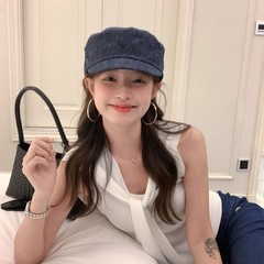 日系复古深蓝牛仔平顶马术帽女四季纯棉英伦风鸭舌帽韩版海军帽男
