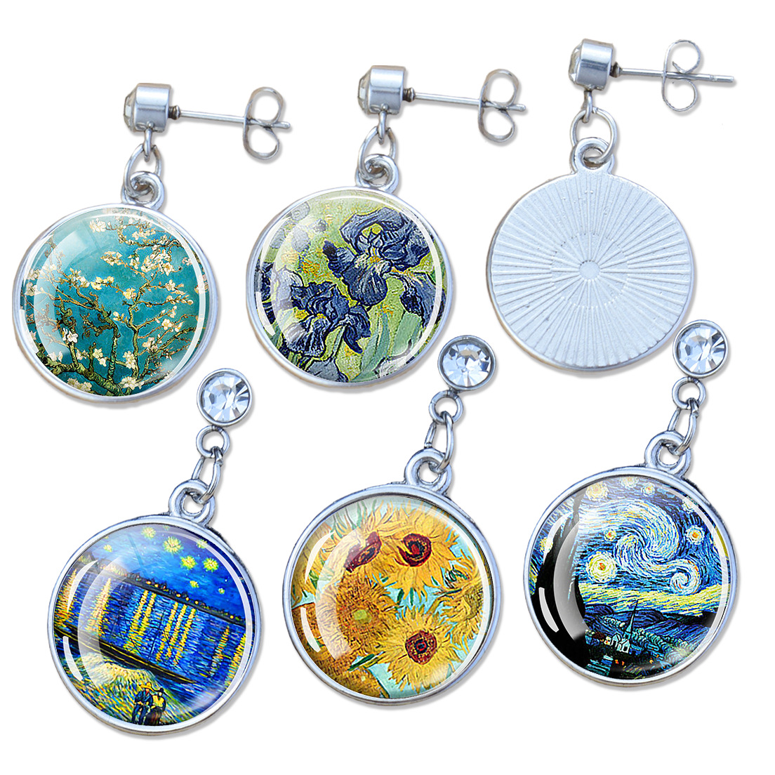 Pendientes de diamantes brillantes de flores Iris de girasol Van Gogh Art Starry Sky Pintura al óleo Pendientes de estilo europeo y americano medieval
