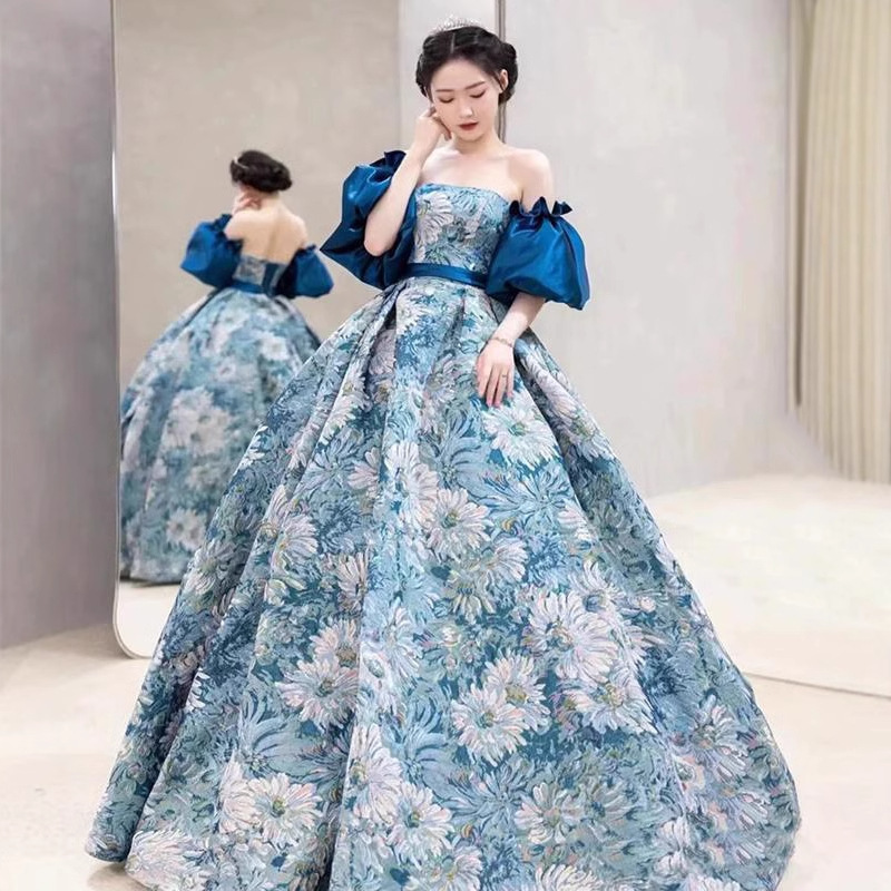 Monet Garden series retro palace style blue evening dress French bride wedding travel photography banquet evening dress for women