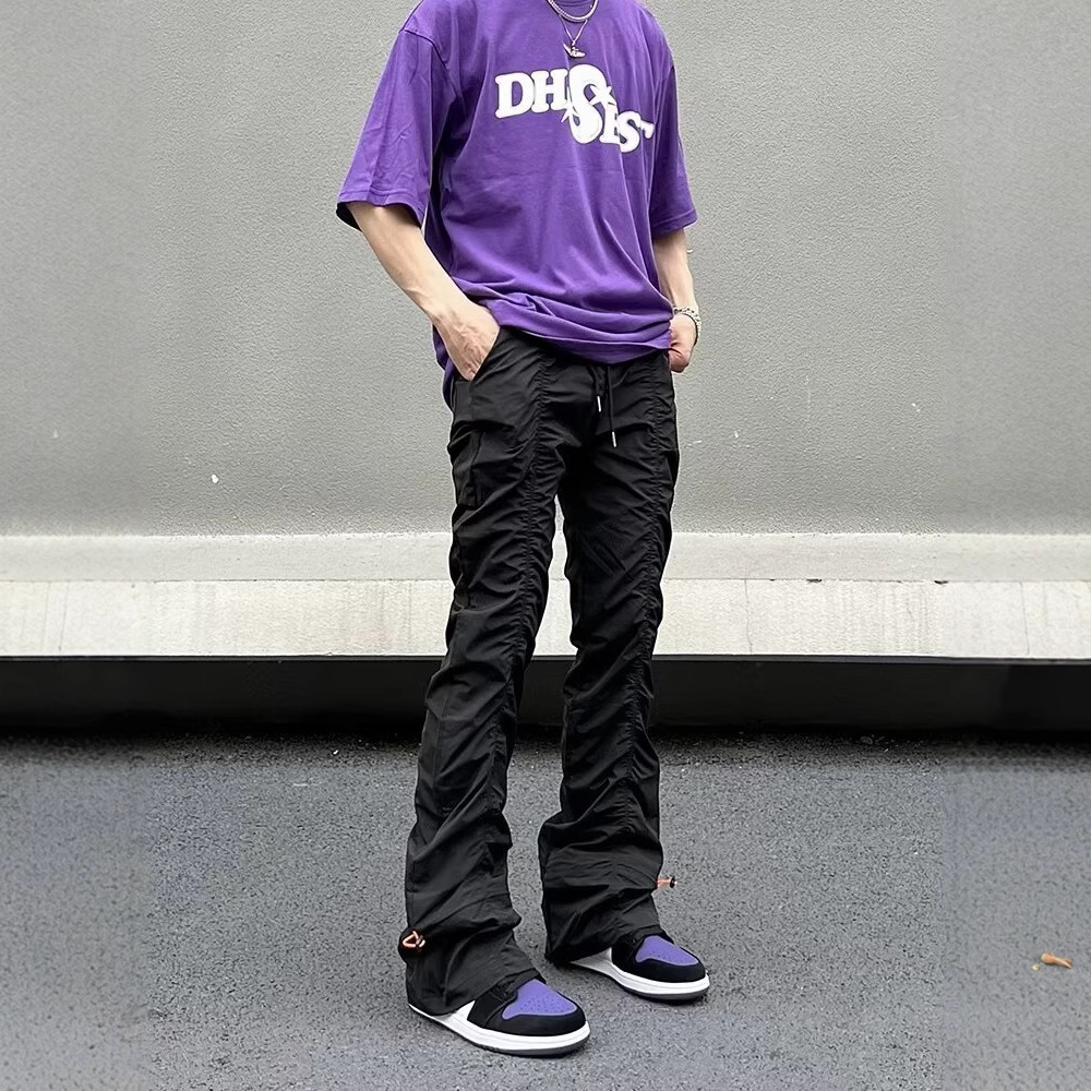 Men's High-Street Vibe Pleated Cargo Pants – Drawstring Waist & Stacked Hem With Slight Flare (S-XXXL, Grey/Black)_voghion.com