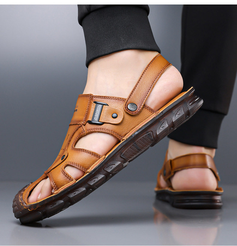 Dép sandal bít mũi nam da bò lớp đầu, đế mềm thân mềm, kiểu xỏ chân hai cách đi — G6951 màu nâu vàng, G6951 màu đen chi tiết 14