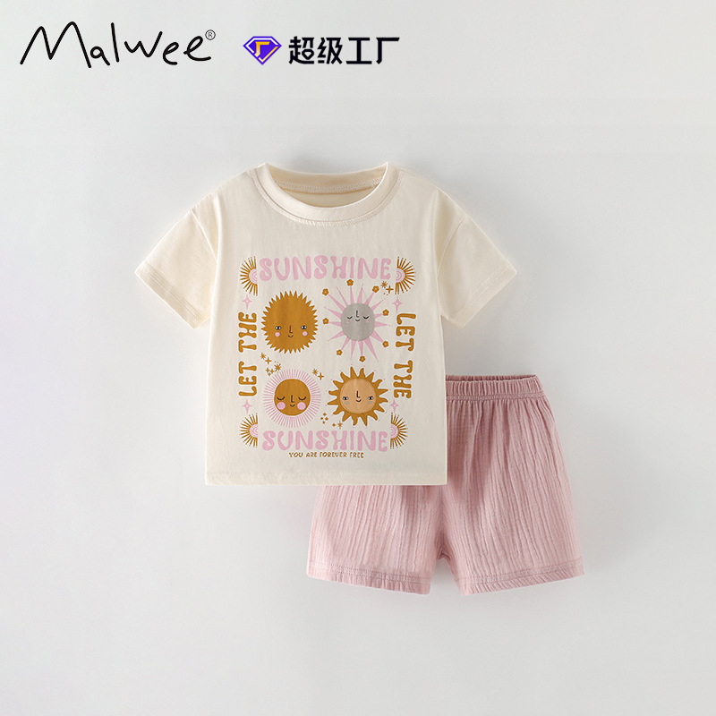 Malwee transfronterizo niñas dos piezas de verano nuevo estilo europeo y americano de niños de cuello redondo camiseta casual pantalones ropa infantil