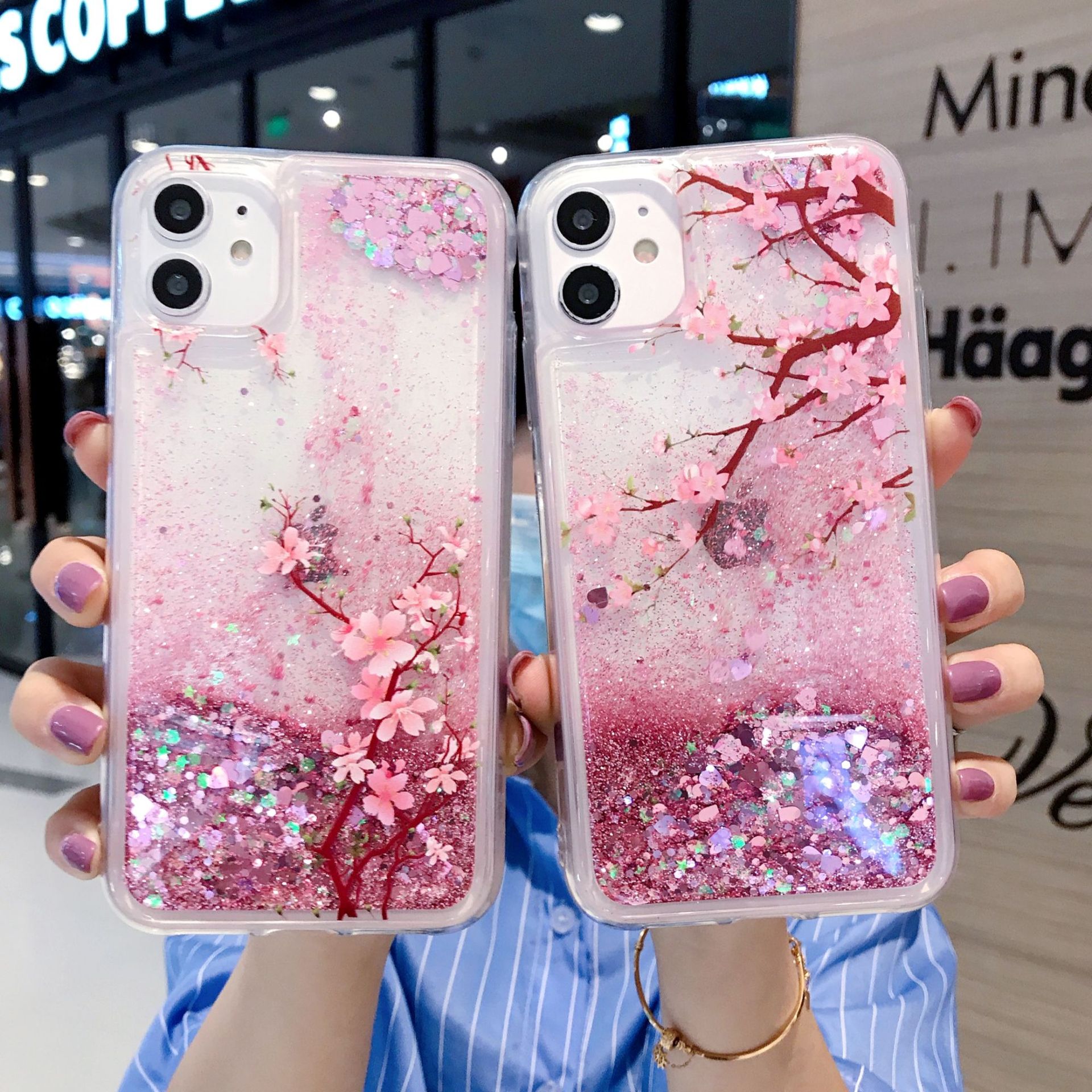 Creative iPhone 15 Peach Blossom Sparkling Pink Sand Phone Apple 14 Liquid Flowing Goddess Soft Case_voghion.com