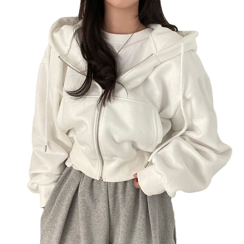 2025 春と秋の韓国の新しいスタイルプラスベルベットシンプルで多用途な気質フード付きルーズソリッドカラースウェットシャツカーディガンジャケット女性のための