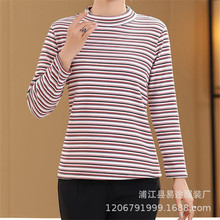 2025秋冬新款七彩棉德绒自发热女士中高领圆领打底衫条纹秋衣保暖