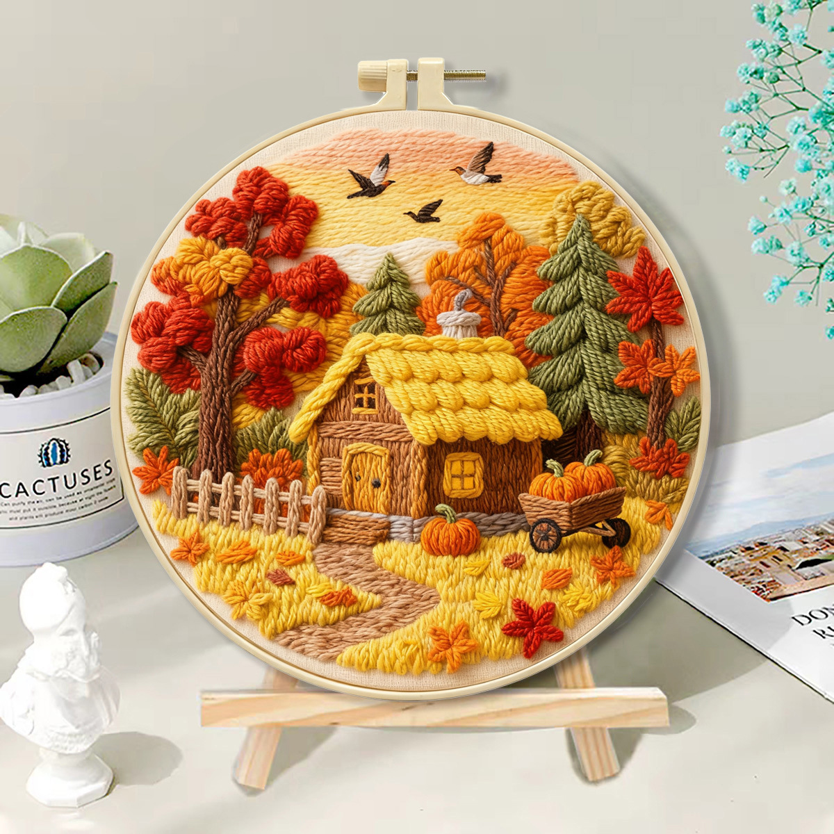 2025 nuevos productos transfronterizos paquetes de materiales de bordado DIY otoño cabina hermoso paisaje fabricante de kits de bordado al por mayor