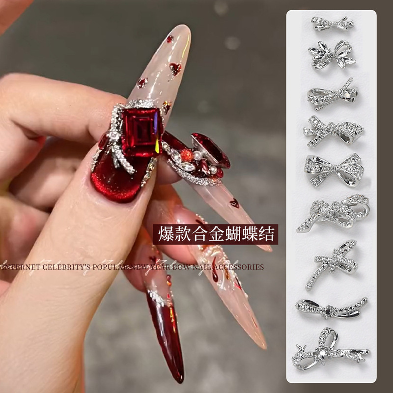 New Alloy Bow Nail Art Jewelry Flash Light Luxury Side silver Hollow Ribbon Bow Nail Accessories