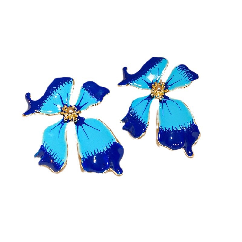 Aguja de plata, estilo de vacaciones azul, pendientes de lazo de flores suaves, pendientes de moda fresca, pendientes de ambiente dulce