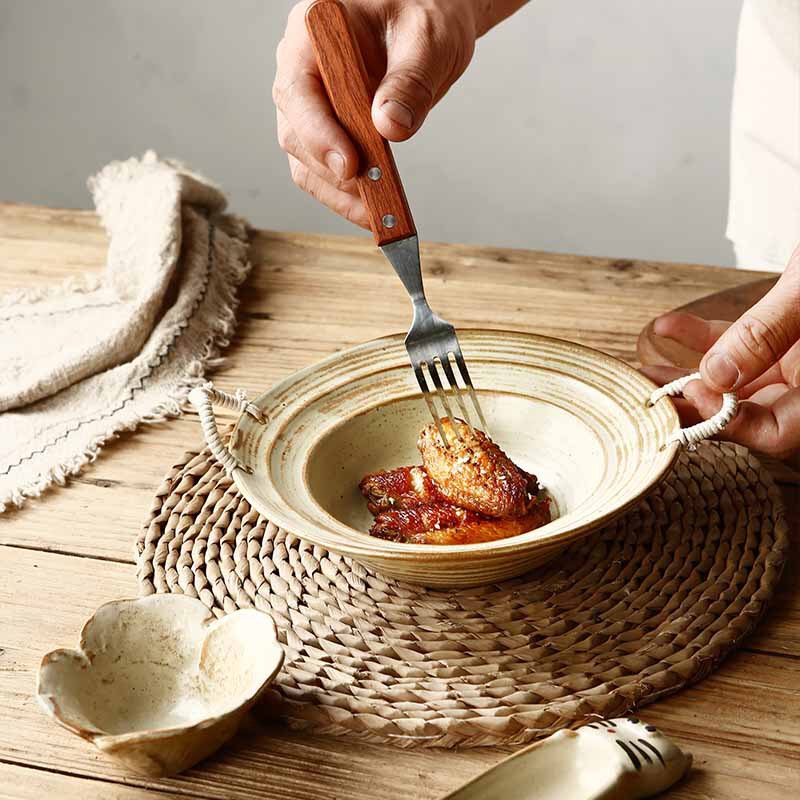 Hemp Rope Double-Handle Rustic Pottery Bowl Japanese Retro Distressed Straw Hat Bowl Dish Plate Pasta Bowl Household Noodle Bowl Soup Bowl