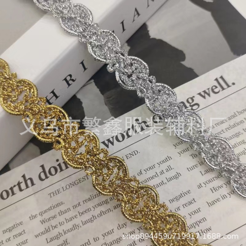 Suministro directo de fábrica de nuevo estilo de encaje de seda de oro y plata, encaje ondulado, cinturón de estilo étnico, accesorios de vestir en stock