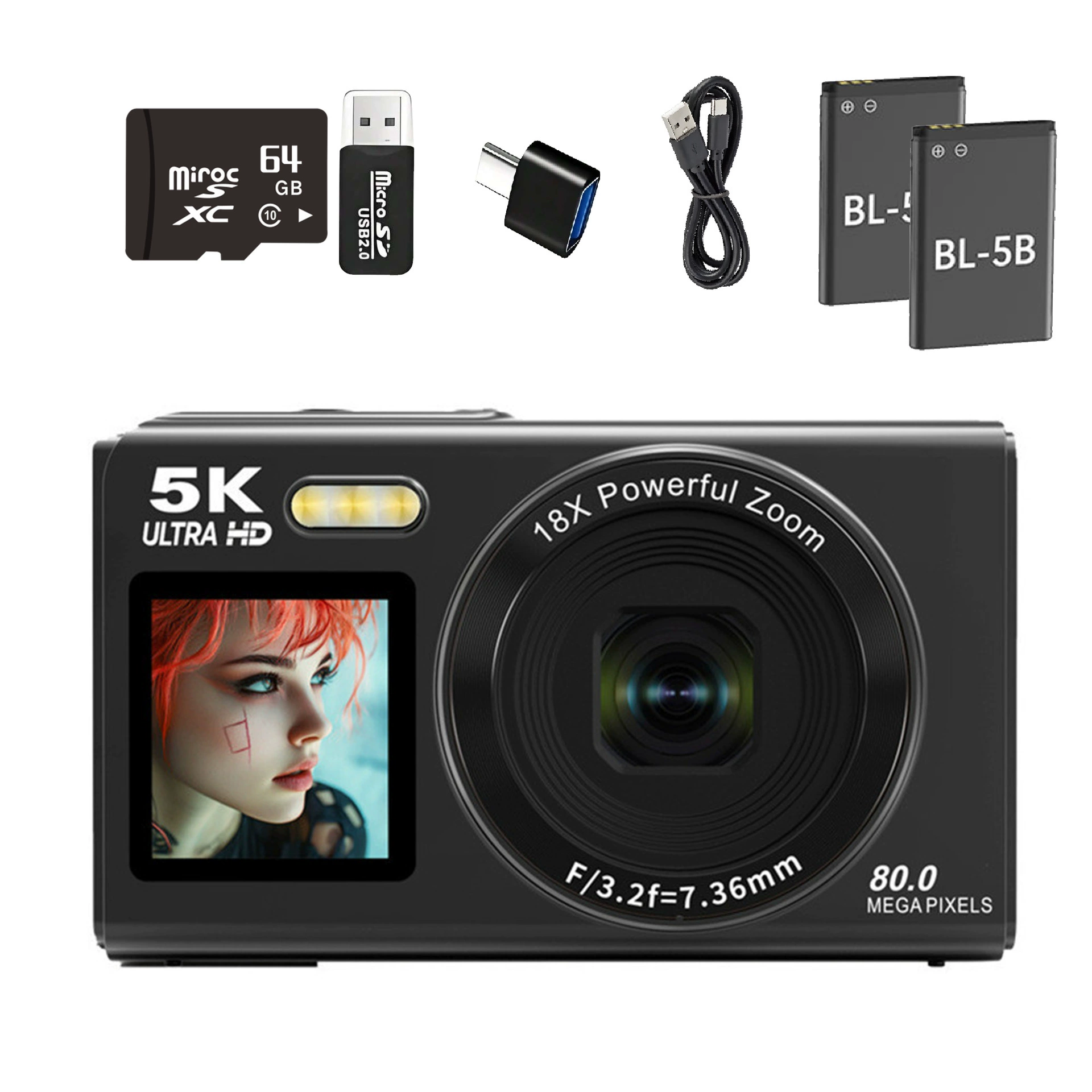 Цифровая камера ручная 5K Ultra HD, 18× зум, 80 Мп, компактная 21×15×10 см