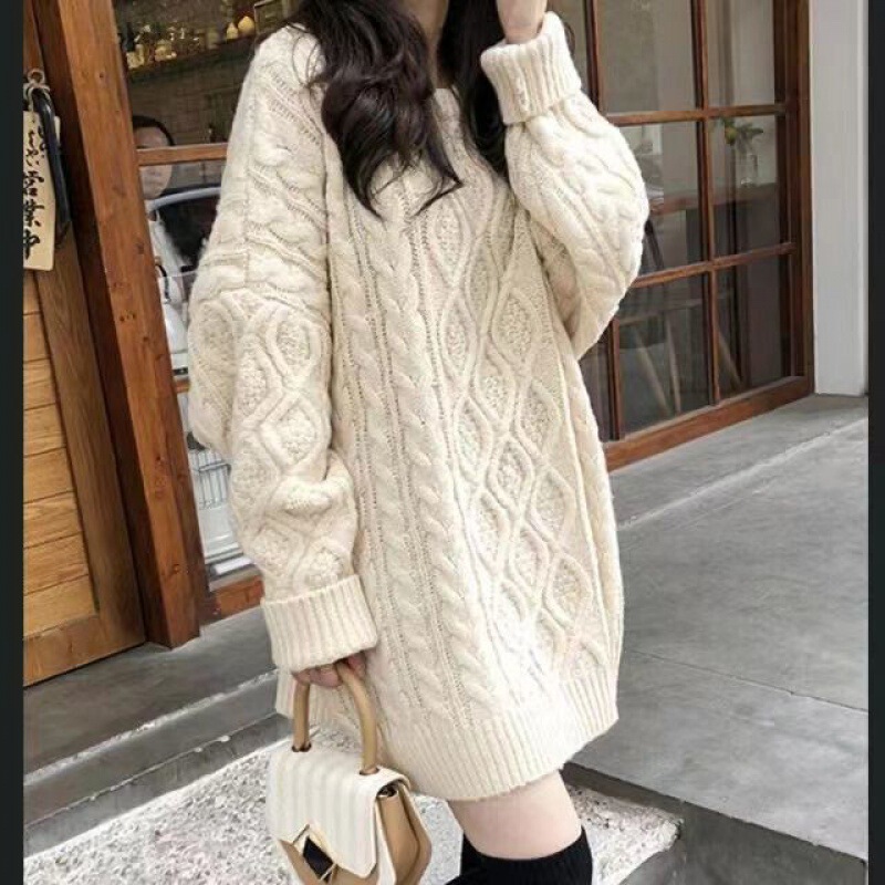 Lazy Style Twist Knitwear for Women Thickeneded Thick Knitwear for Women Autumn and Winter Loose Outer Wear Pullover Mid-Length Knitwear